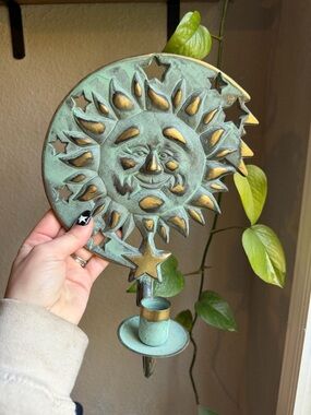 Vintage 90s PartyLite Sun Metal Wall Candle Holder - Patina Green & Gold